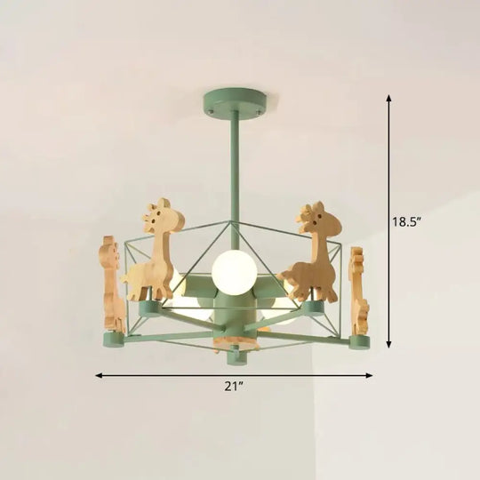 Macaron Cage Pendant Light - Metal 4-Head Chandelier For Bedroom With Wooden Giraffe Deco Green