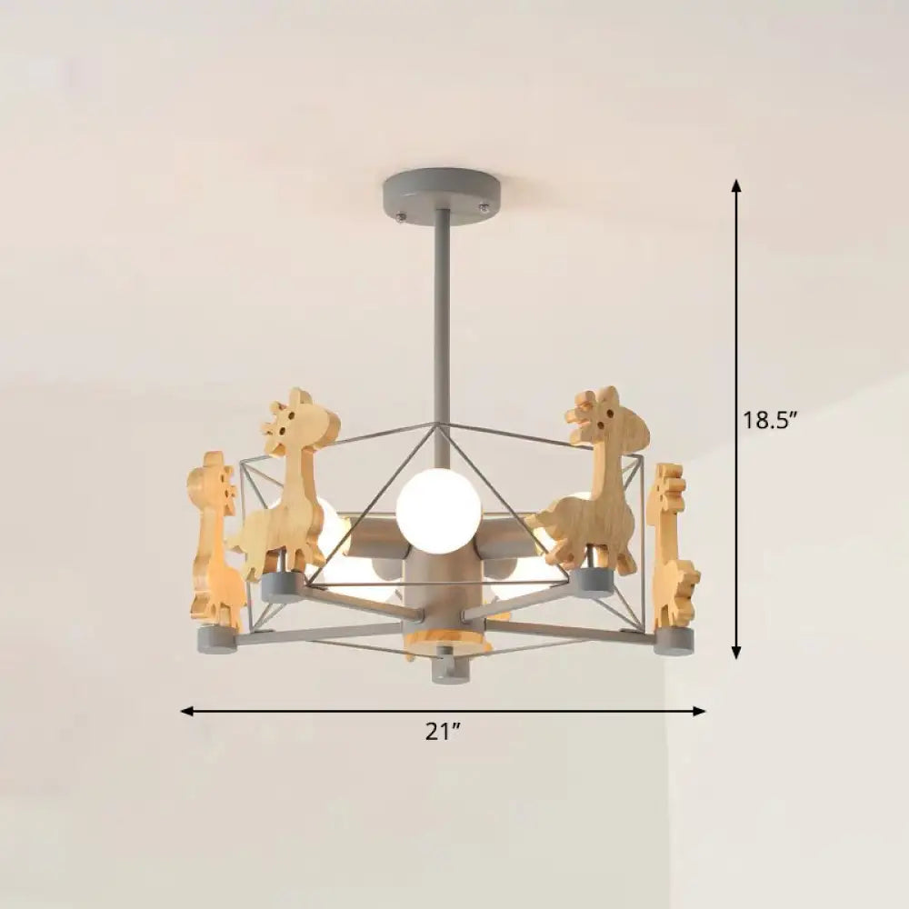 Macaron Cage Pendant Light - Metal 4-Head Chandelier For Bedroom With Wooden Giraffe Deco Grey