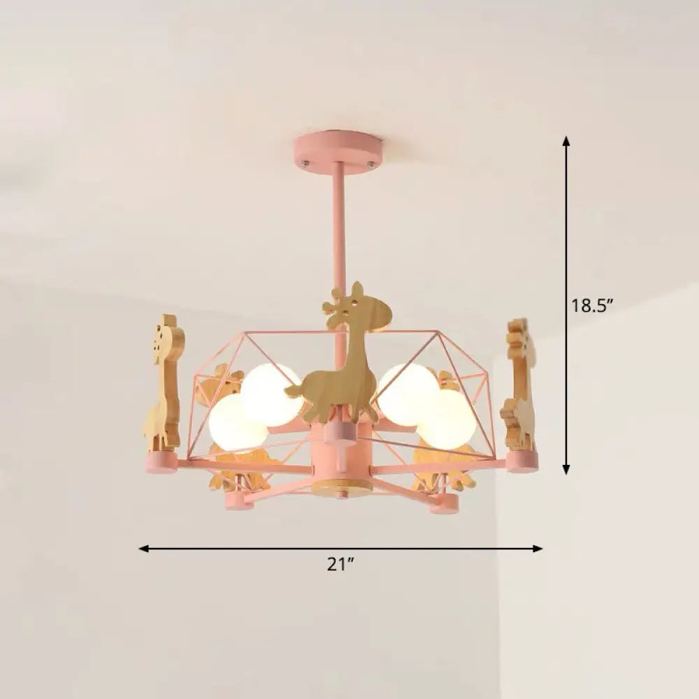 Macaron Cage Pendant Light - Metal 4-Head Chandelier For Bedroom With Wooden Giraffe Deco Pink