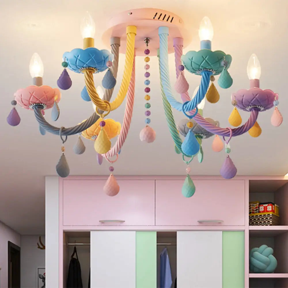 Macaron Candelabra Semi - Flush Mount Ceiling Light With 5/6 Metal Lights In Blue - Pink - Yellow