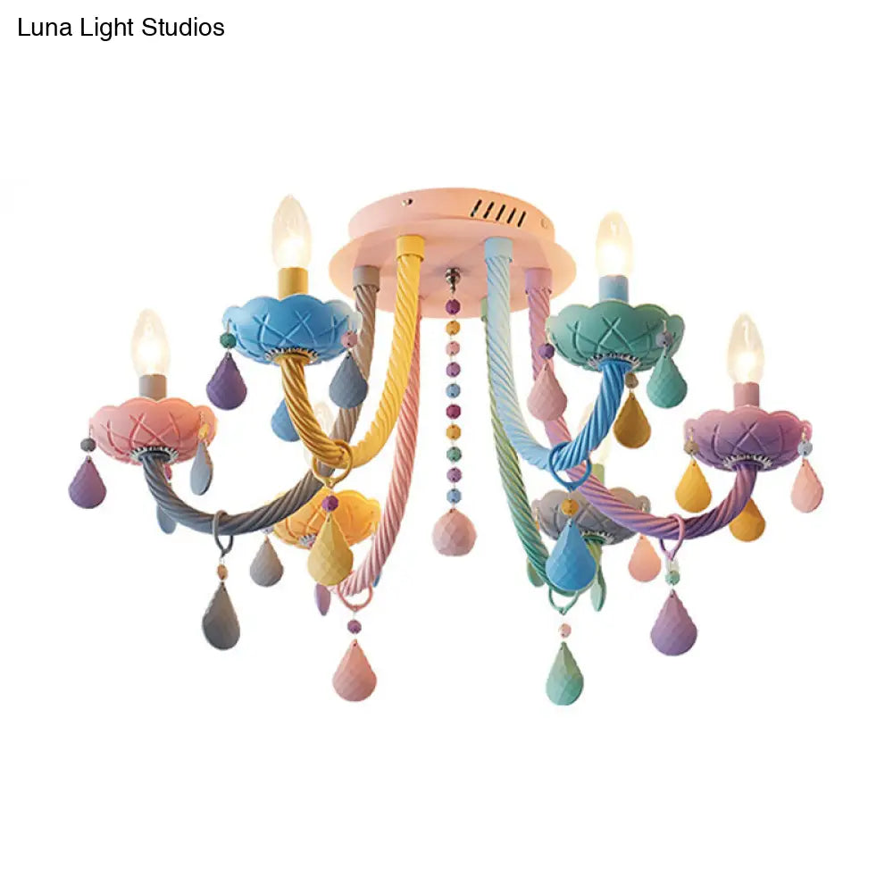 Macaron Candelabra Semi-Flush Mount Ceiling Light With 5/6 Metal Lights In Blue-Pink-Yellow For