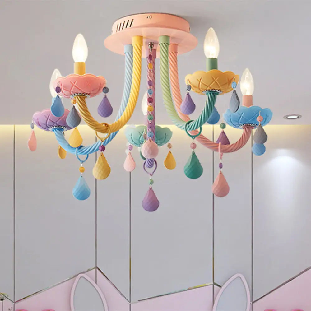 Macaron Candelabra Semi - Flush Mount Ceiling Light With 5/6 Metal Lights In Blue - Pink - Yellow