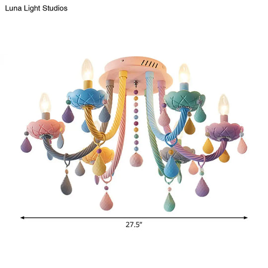 Macaron Candelabra Semi-Flush Mount Ceiling Light With 5/6 Metal Lights In Blue-Pink-Yellow For