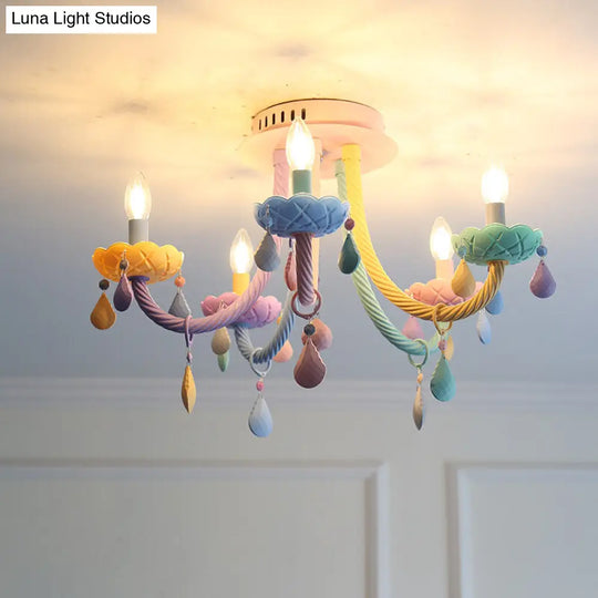 Macaron Candelabra Semi-Flush Mount Ceiling Light With 5/6 Metal Lights In Blue-Pink-Yellow For