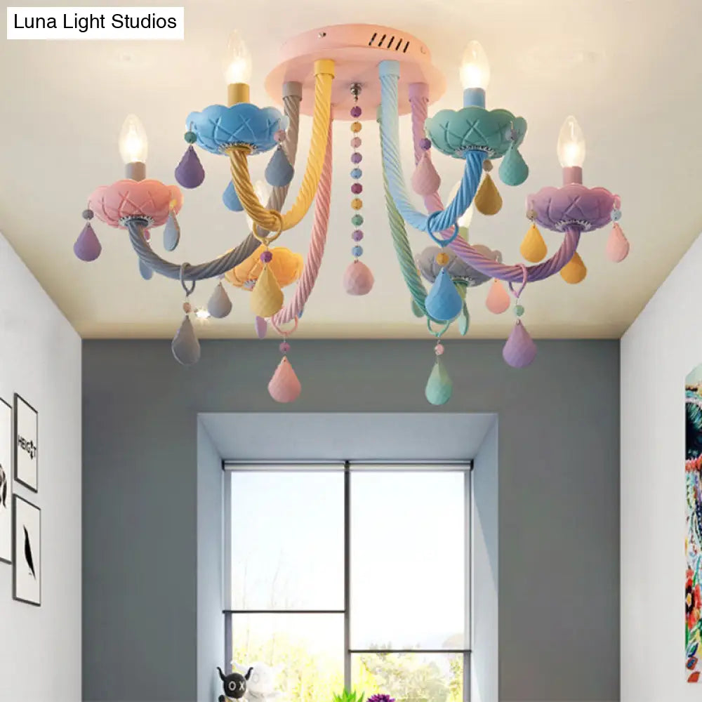 Macaron Candelabra Semi-Flush Mount Ceiling Light With 5/6 Metal Lights In Blue-Pink-Yellow For