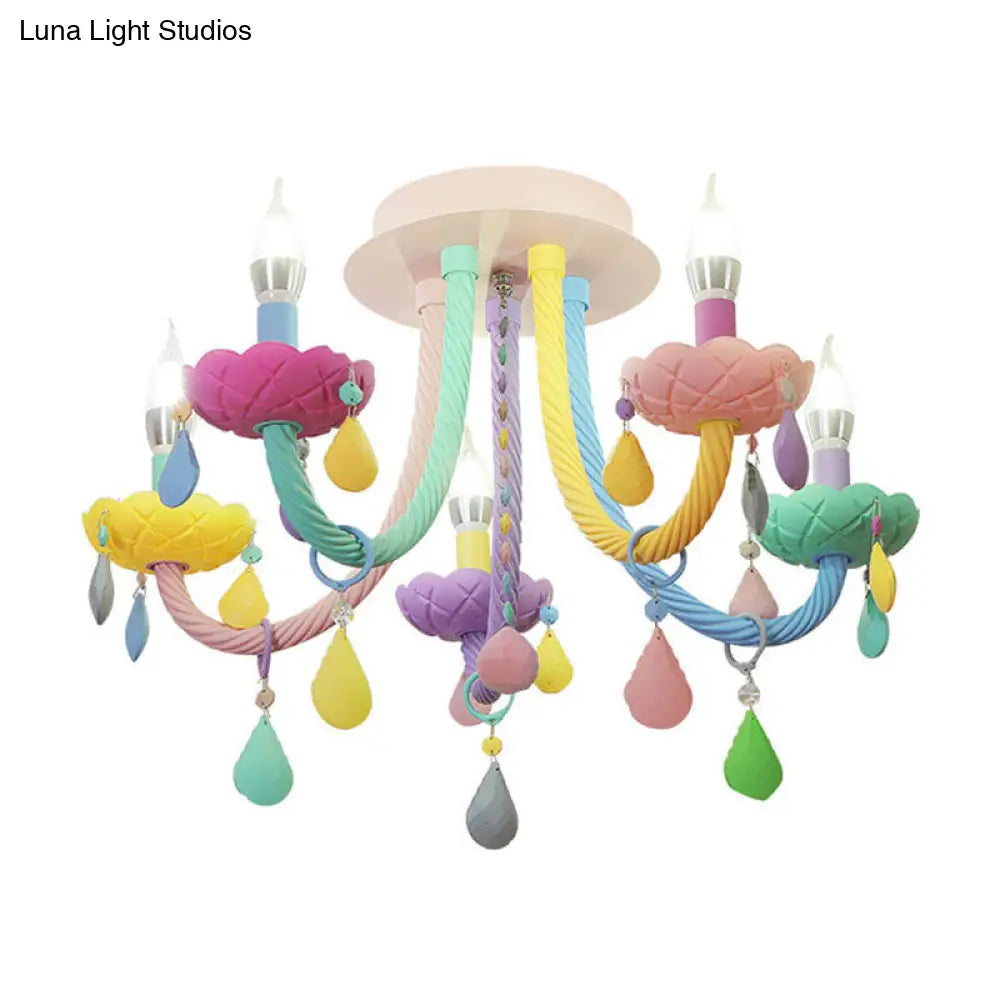 Macaron Candelabra Semi-Flush Mount Ceiling Light With 5/6 Metal Lights In Blue-Pink-Yellow For