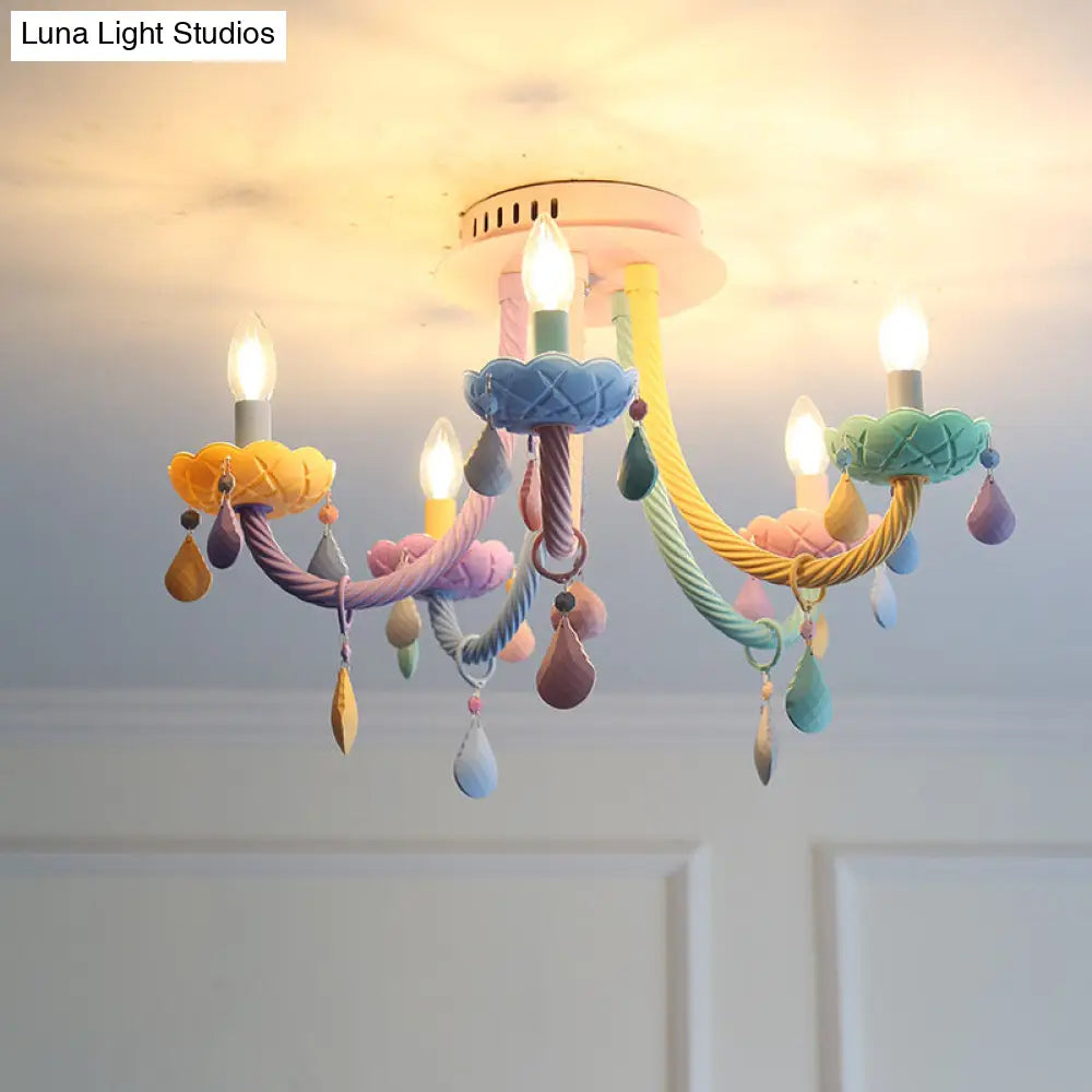 Macaron Candelabra Semi - Flush Mount Ceiling Light With 5/6 Metal Lights In Blue - Pink - Yellow