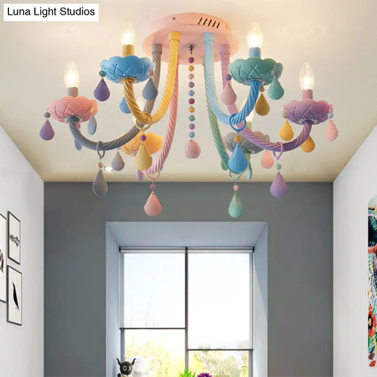 Macaron Candelabra Semi - Flush Mount Ceiling Light With 5/6 Metal Lights In Blue - Pink - Yellow