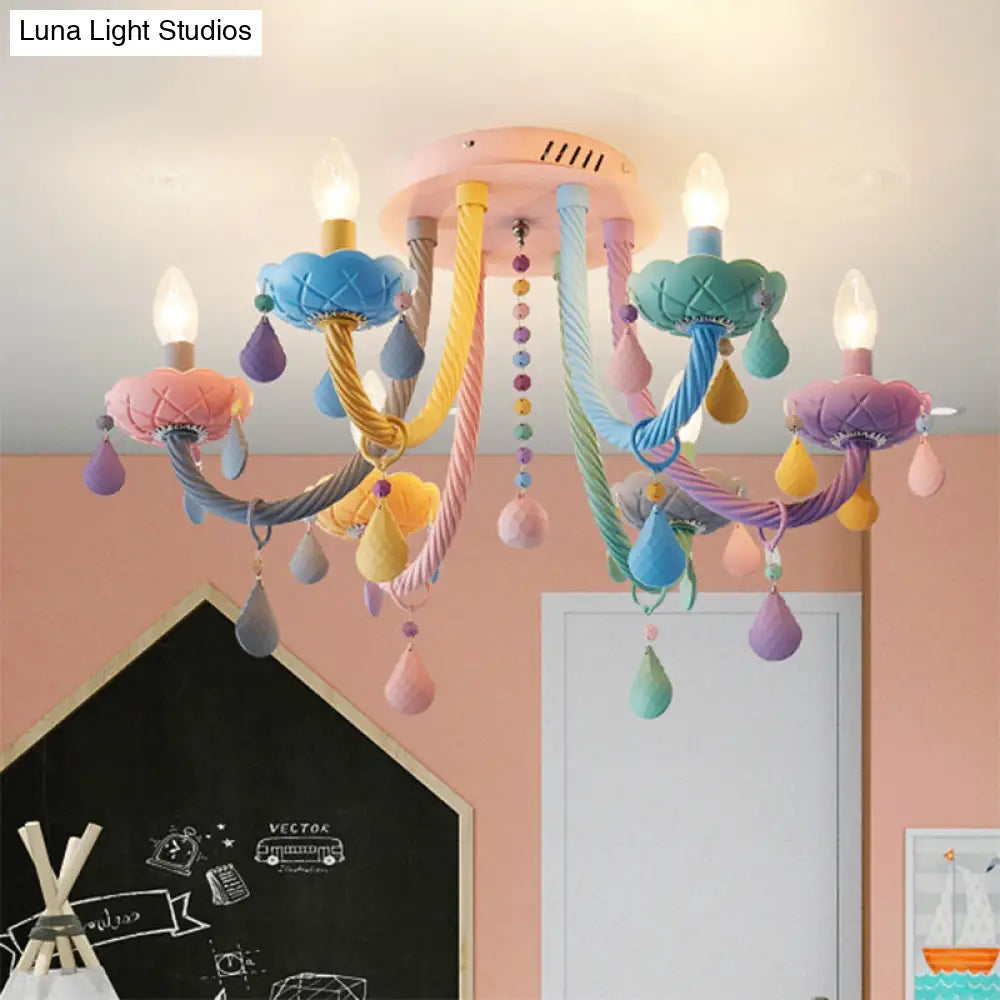 Macaron Candelabra Semi-Flush Mount Ceiling Light With 5/6 Metal Lights In Blue-Pink-Yellow For