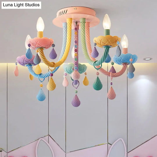 Macaron Candelabra Semi-Flush Mount Ceiling Light With 5/6 Metal Lights In Blue-Pink-Yellow For