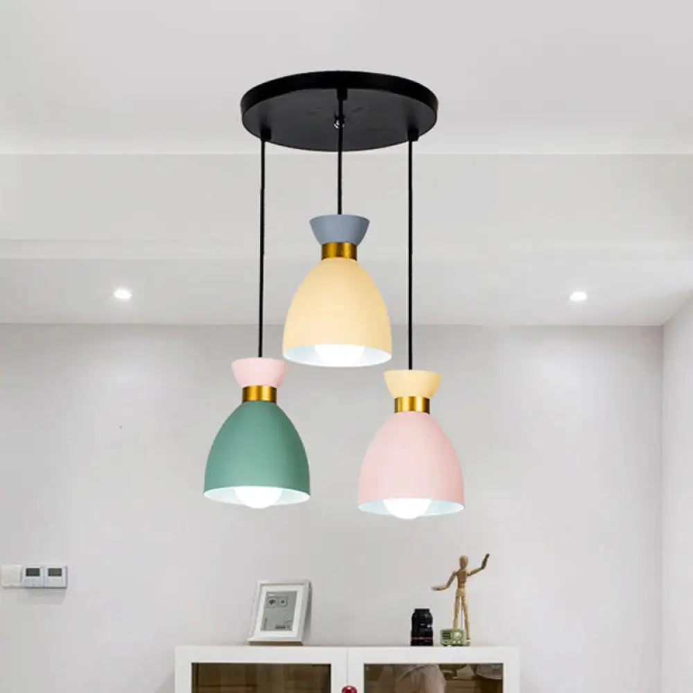 Macaron Cluster Pendant Light With Aluminum Shade In Green-Yellow-Pink - 3 Cup Hanging Fixture