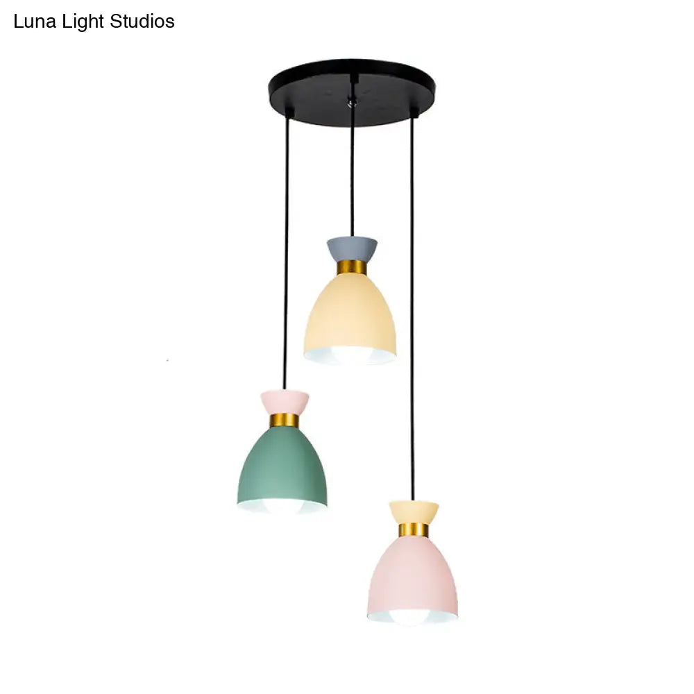 Macaron Cluster Pendant Light With Aluminum Shade In Green-Yellow-Pink - 3 Cup Hanging Fixture