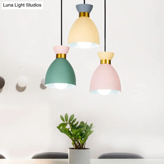 Macaron Cluster Pendant Light - Green-Yellow-Pink Cup Hanging Fixture Aluminum Shade Set Of 3 Lights