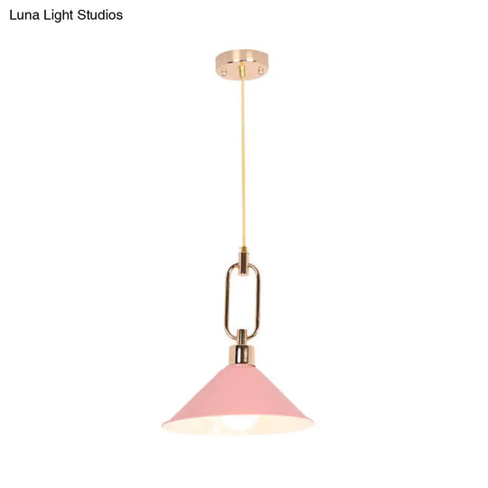 Macaron Cone Pendant Lamp Elegant Metal Ceiling Light With Rolled Edge Single Bulb And Buckle Top In