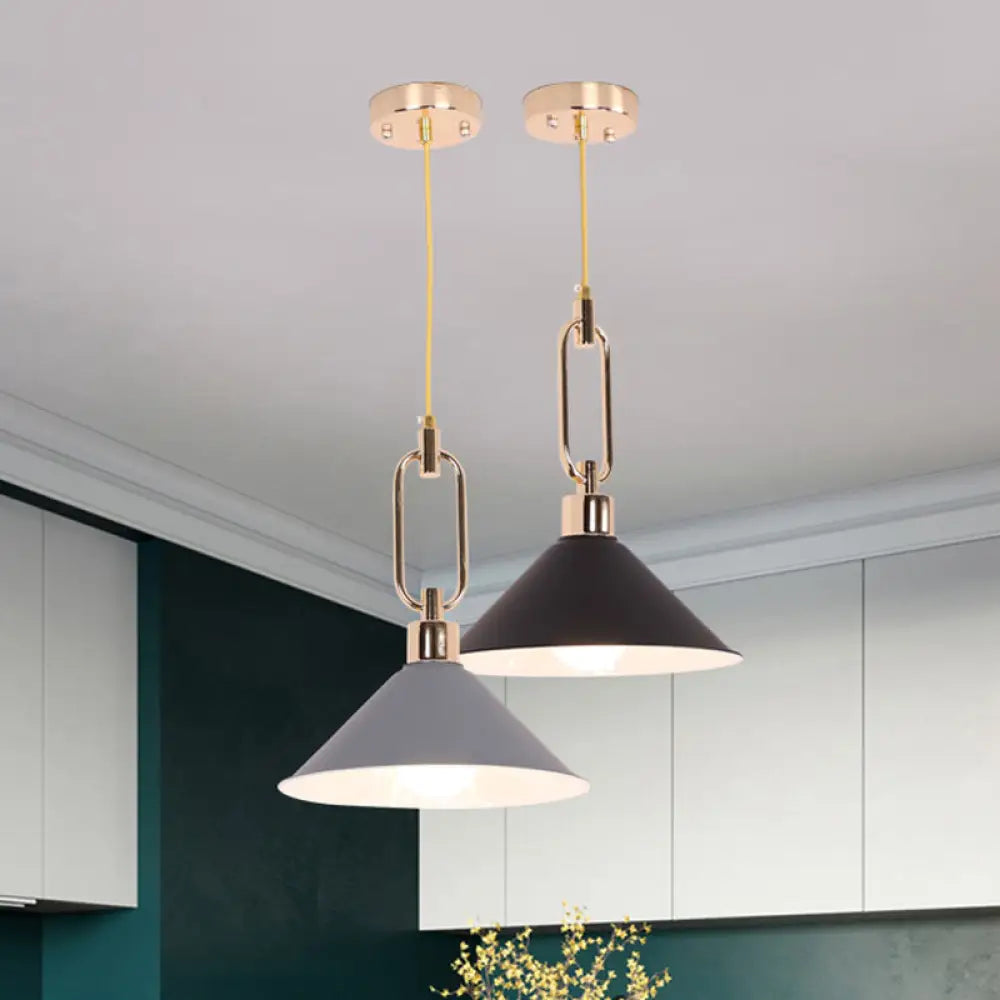 Macaron Cone Pendant Lamp Elegant Metal Ceiling Light With Rolled Edge Single Bulb And Buckle Top In