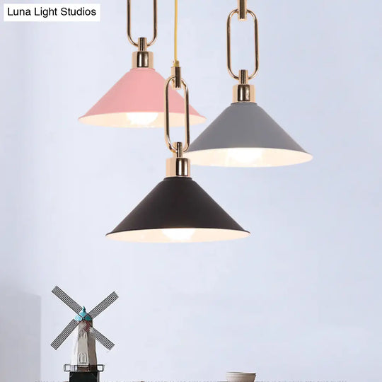 Macaron Cone Pendant Lamp Elegant Metal Ceiling Light With Rolled Edge Single Bulb And Buckle Top In