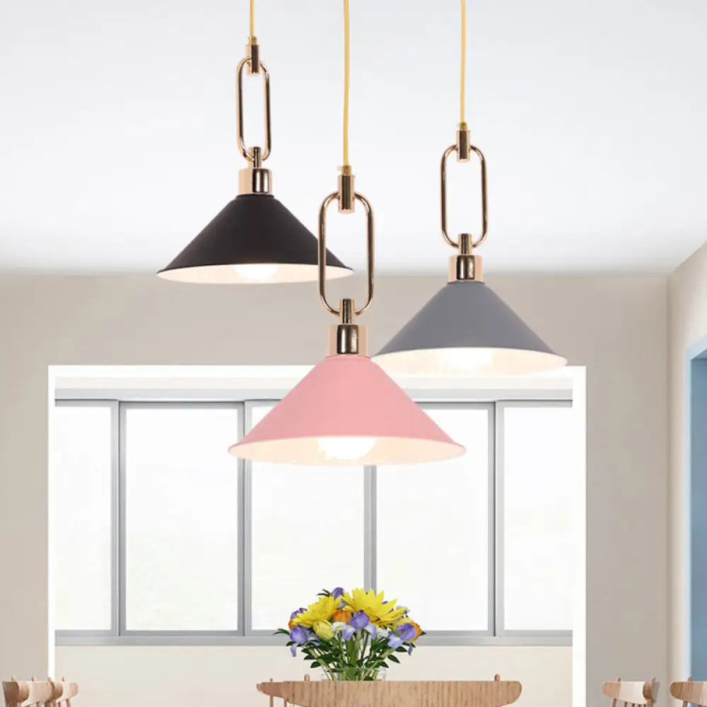 Macaron Cone Pendant Lamp Elegant Metal Ceiling Light With Rolled Edge Single Bulb And Buckle Top In