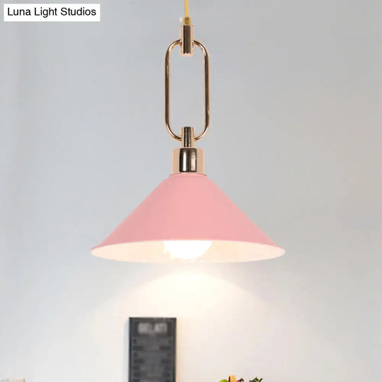 Macaron Cone Pendant Lamp Elegant Metal Ceiling Light With Rolled Edge Single Bulb And Buckle Top In