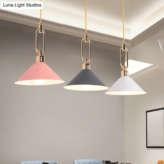 Macaron Cone Pendant Lamp Elegant Metal Ceiling Light With Rolled Edge Single Bulb And Buckle Top In