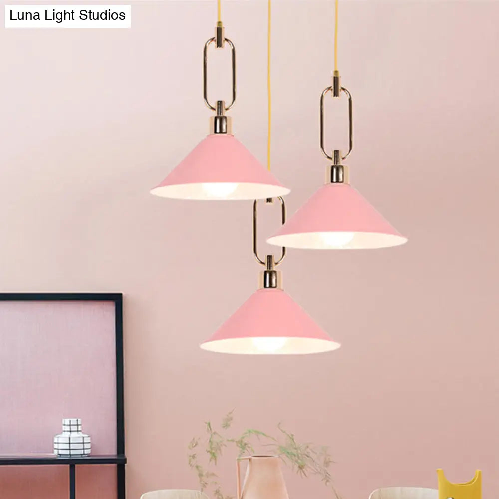 Macaron Cone Pendant Lamp Elegant Metal Ceiling Light With Rolled Edge Single Bulb And Buckle Top In