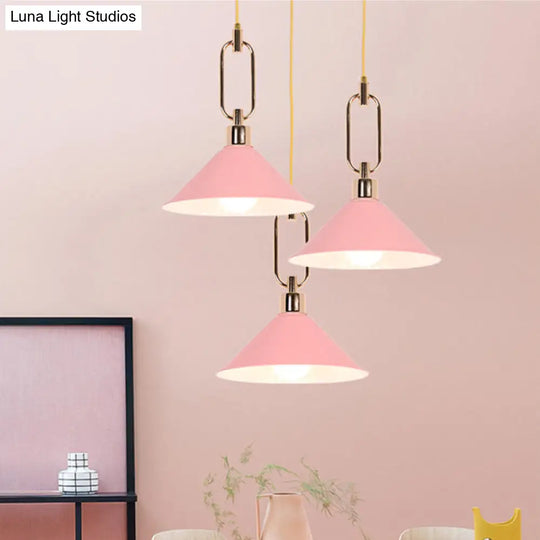 Macaron Cone Pendant Lamp Elegant Metal Ceiling Light With Rolled Edge Single Bulb And Buckle Top In