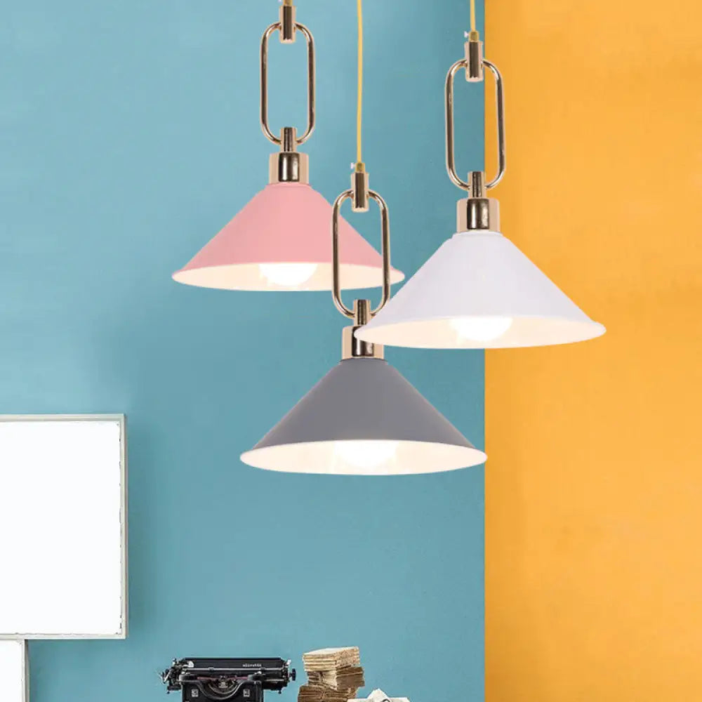 Macaron Cone Pendant Lamp Elegant Metal Ceiling Light With Rolled Edge Single Bulb And Buckle Top In