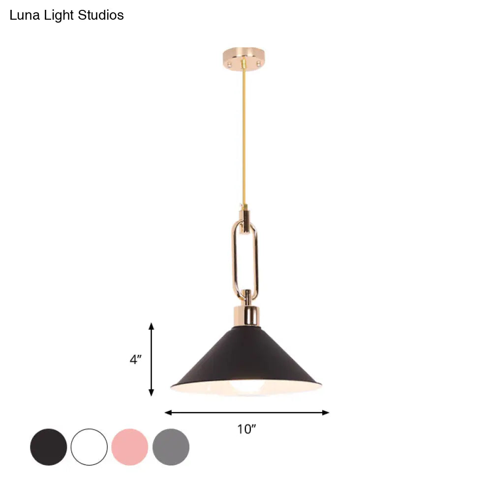 Macaron Cone Pendant Lamp Elegant Metal Ceiling Light With Rolled Edge Single Bulb And Buckle Top In