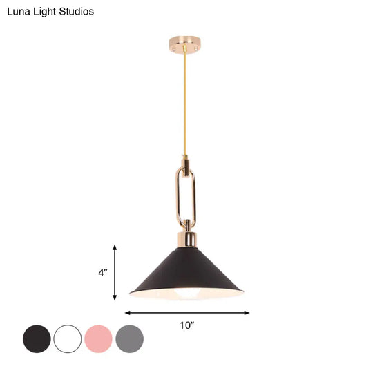 Macaron Cone Pendant Lamp Elegant Metal Ceiling Light With Rolled Edge Single Bulb And Buckle Top In