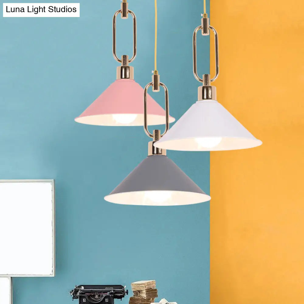 Macaron Cone Pendant Lamp Elegant Metal Ceiling Light With Rolled Edge Single Bulb And Buckle Top In