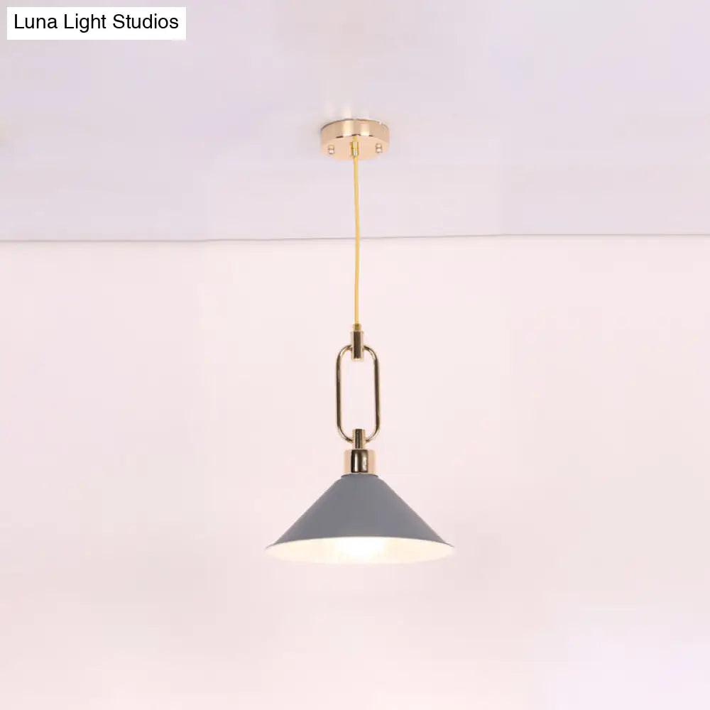 Macaron Cone Pendant Lamp Elegant Metal Ceiling Light With Rolled Edge Single Bulb And Buckle Top In