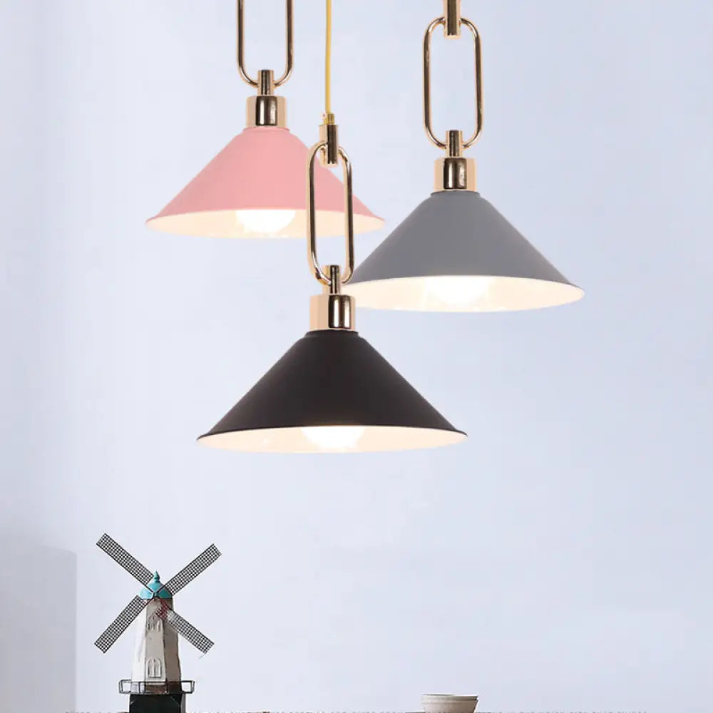 Macaron Cone Pendant Lamp Elegant Metal Ceiling Light With Rolled Edge Single Bulb And Buckle Top In