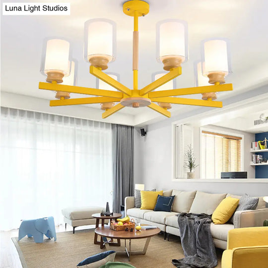 Macaron Cylinder Chandelier Pendant Light - 3/5/6 Lights Pink/Yellow/Green Living Room