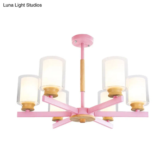 Macaron Cylinder Chandelier Pendant Light - 3/5/6 Lights Pink/Yellow/Green Living Room