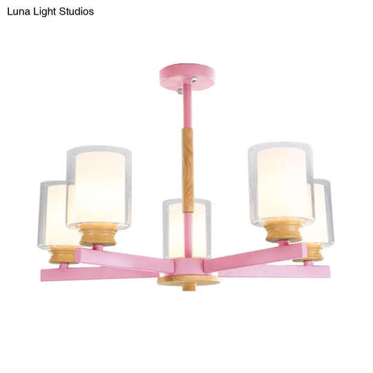 Macaron Cylinder Chandelier Pendant Light - 3/5/6 Lights Pink/Yellow/Green Living Room