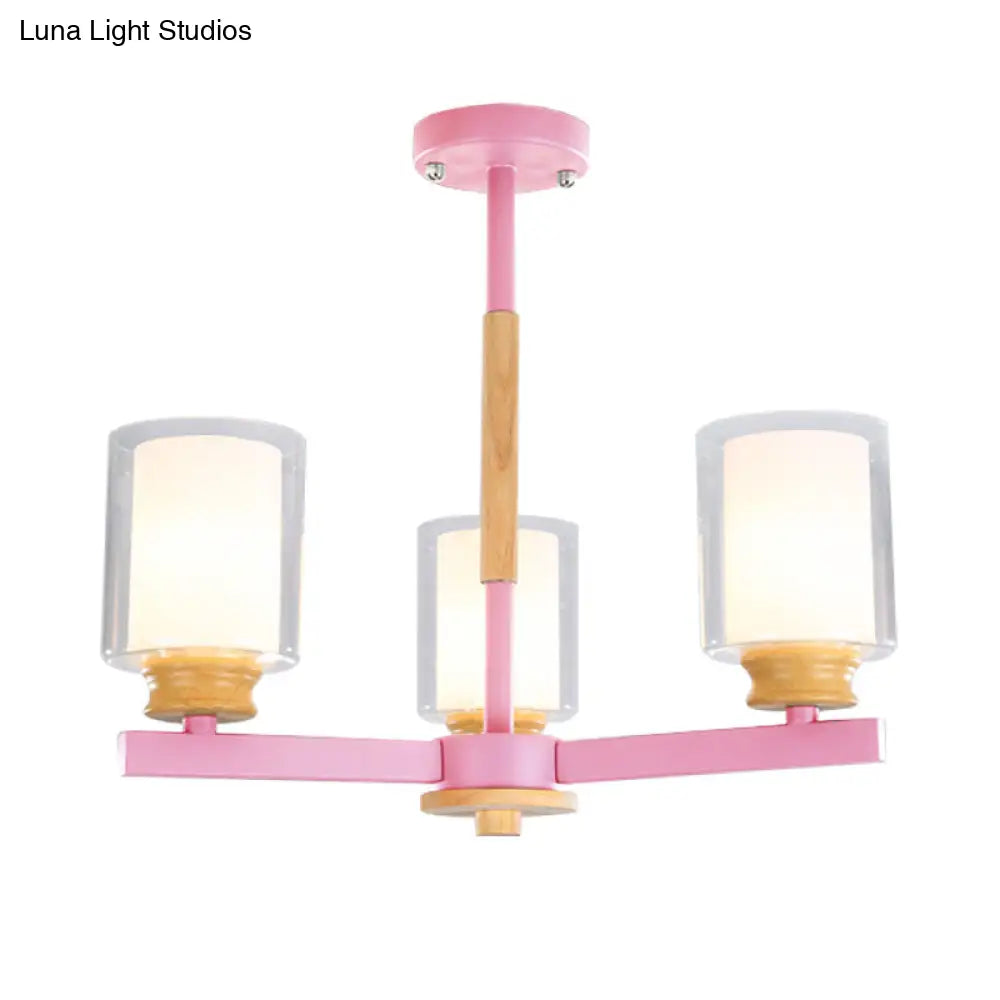 Macaron Cylinder Chandelier Pendant Light - 3/5/6 Lights Pink/Yellow/Green Living Room