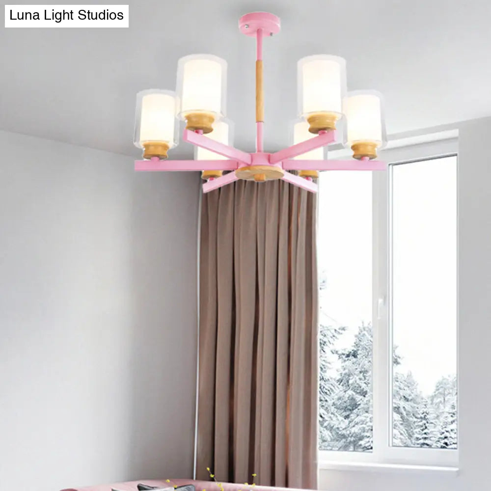 Macaron Cylinder Chandelier Pendant Light - 3/5/6 Lights Pink/Yellow/Green Living Room