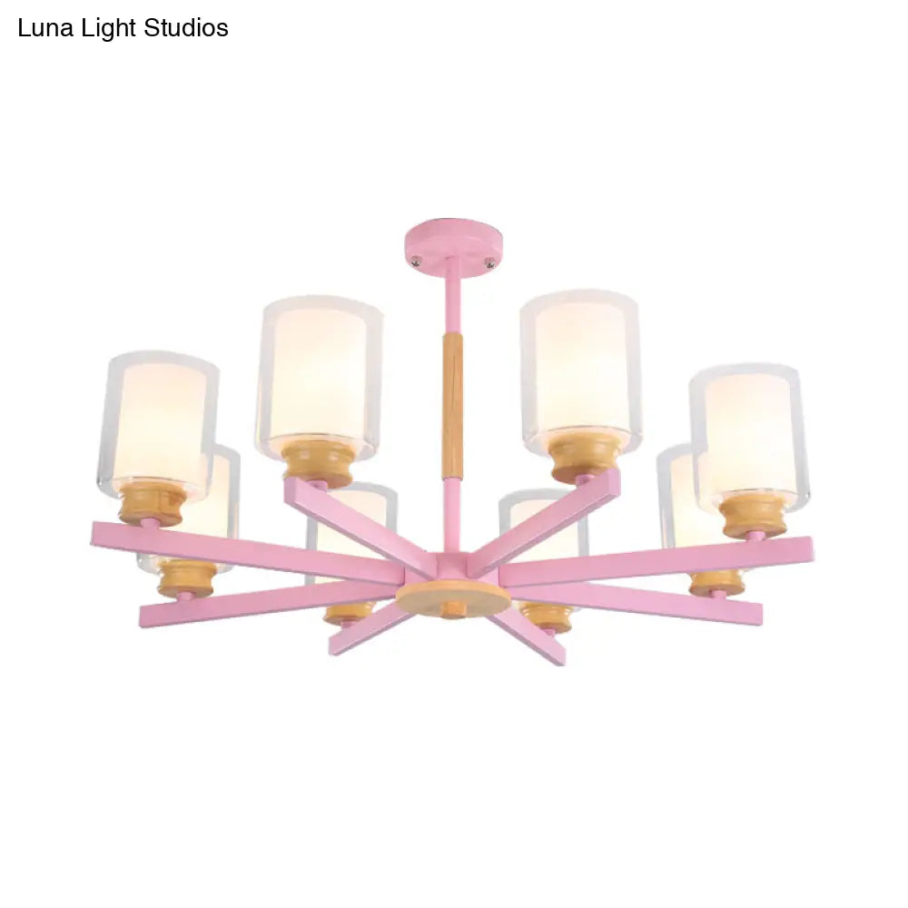 Macaron Cylinder Chandelier Pendant Light - 3/5/6 Lights Pink/Yellow/Green Living Room