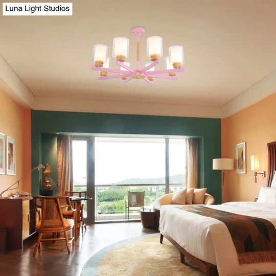 Macaron Cylinder Chandelier Pendant Light - 3/5/6 Lights Pink/Yellow/Green Living Room