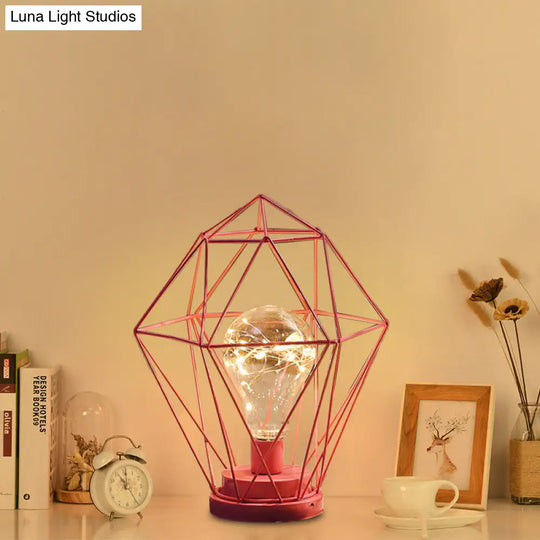 Macaron Diamond/Geometric Led Nightstand Lamp For Girls Room In Black/Pink With Glow String