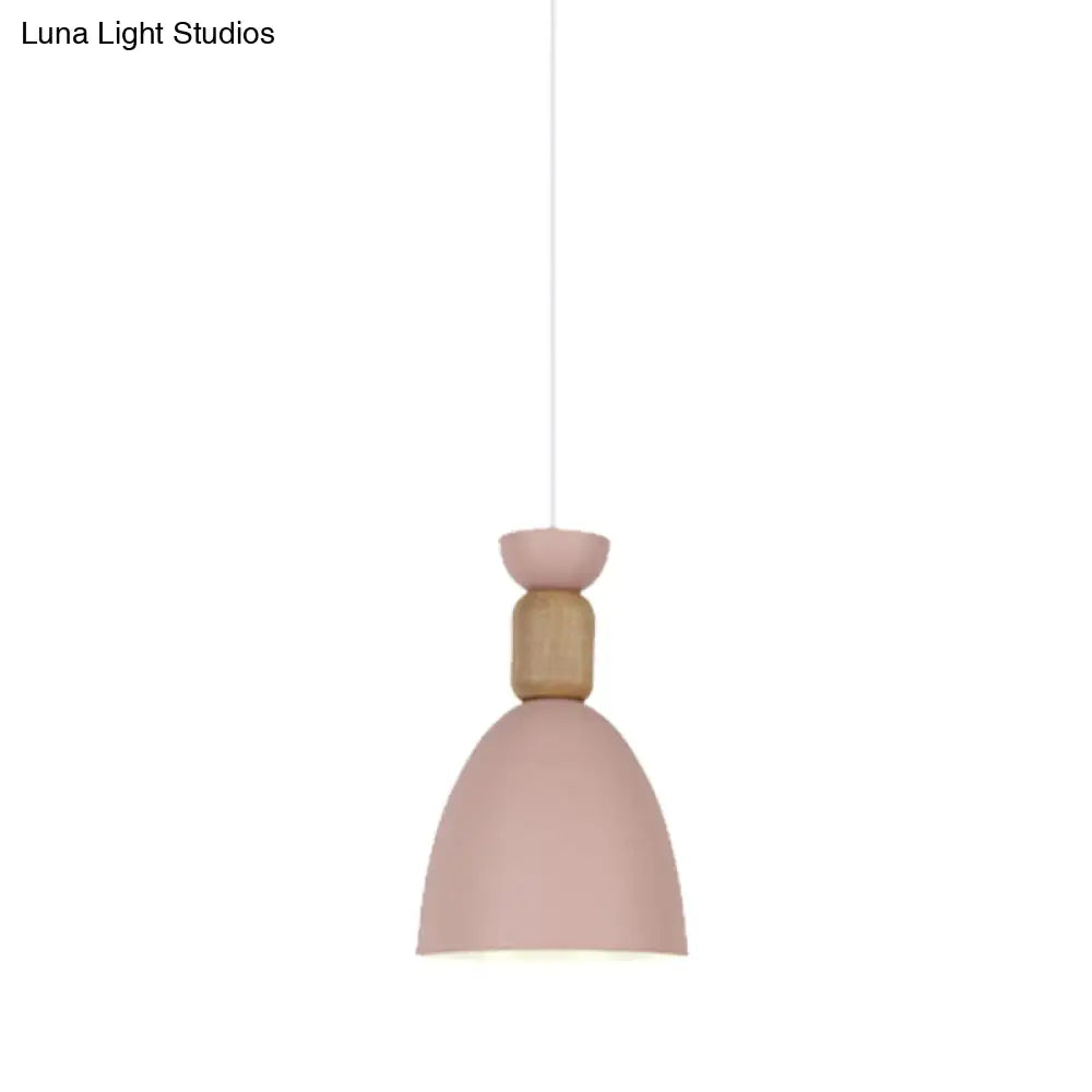 Dining Room Metal-Wood Domed Suspension Light: Macaron Hanging Light Fixture