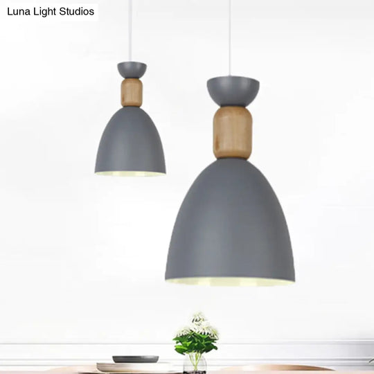 Dining Room Metal-Wood Domed Suspension Light: Macaron Hanging Light Fixture