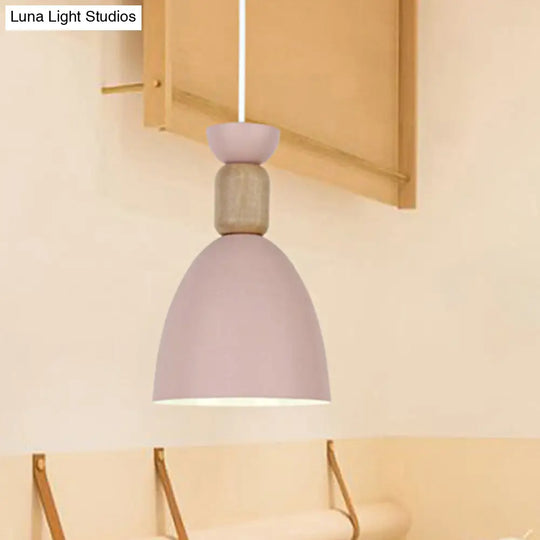 Dining Room Metal-Wood Domed Suspension Light: Macaron Hanging Light Fixture Pink