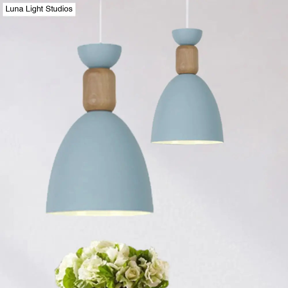 Dining Room Metal-Wood Domed Suspension Light: Macaron Hanging Light Fixture