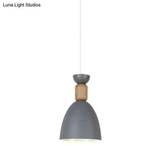 Dining Room Metal-Wood Domed Suspension Light: Macaron Hanging Light Fixture