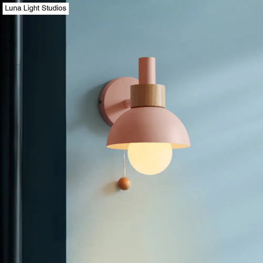 Macaron Domed Sconce With Pull Chain And Metal Shade In White/Pink/Green