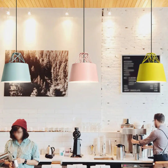 Macaron Drop Pendant Hanging Lamp In White/Pink/Blue With Aluminum Shade And Wire Top Pink