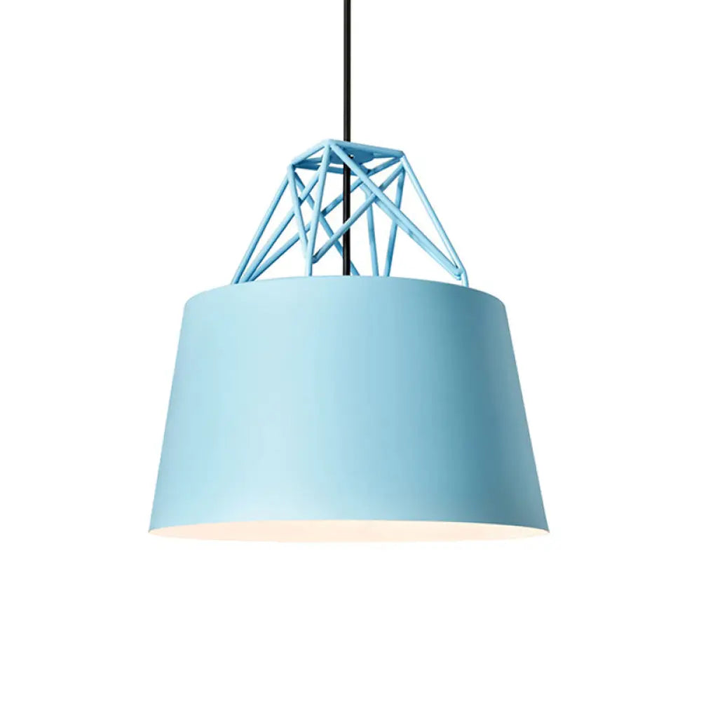 Macaron Drop Pendant Hanging Lamp In White/Pink/Blue With Aluminum Shade And Wire Top Blue