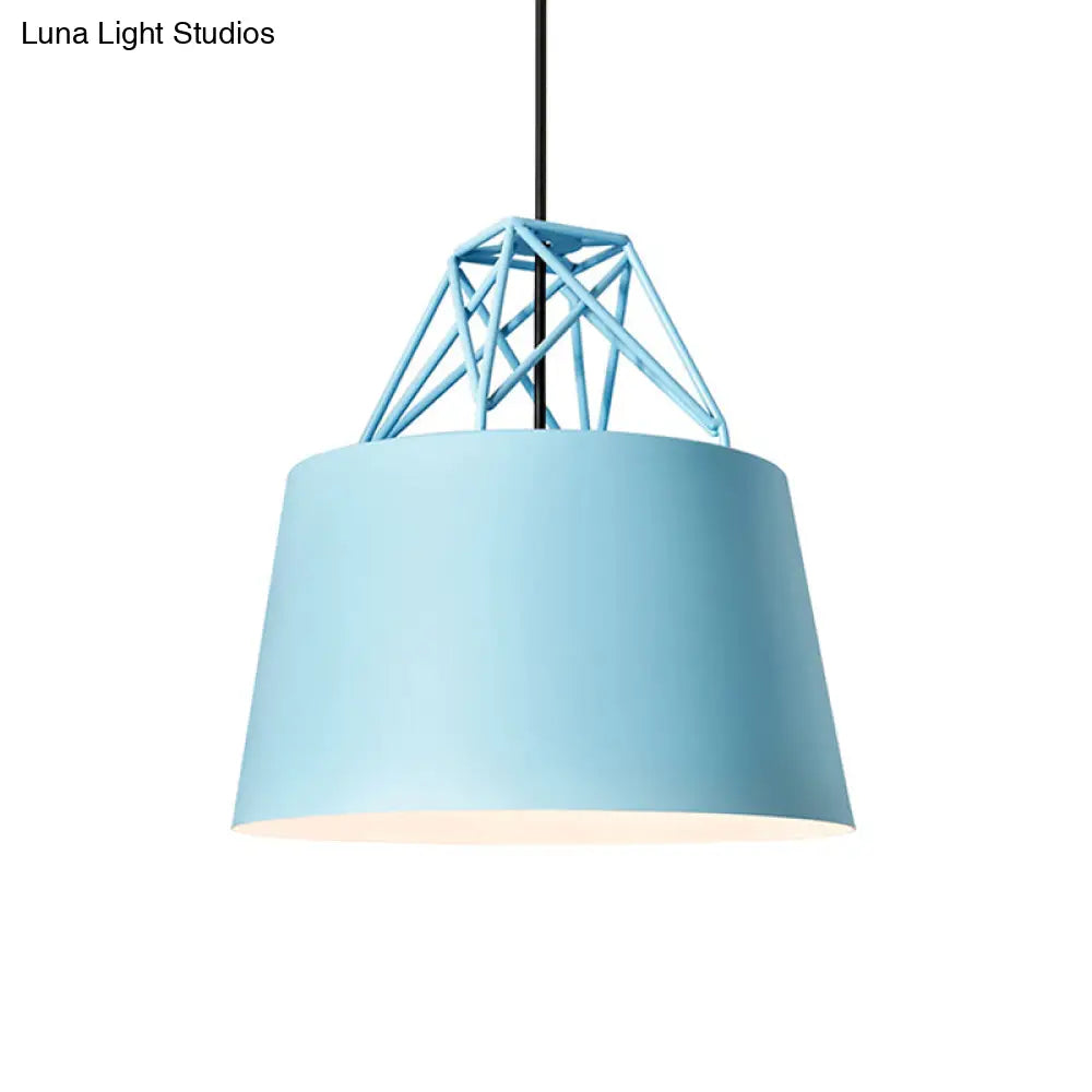 Macaron Drop Pendant Hanging Lamp In White/Pink/Blue With Aluminum Shade And Wire Top