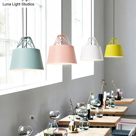 Macaron Drop Pendant Hanging Lamp In White/Pink/Blue With Aluminum Shade And Wire Top