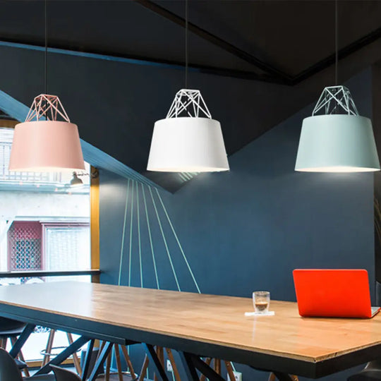 Macaron Drop Pendant Hanging Lamp In White/Pink/Blue With Aluminum Shade And Wire Top White